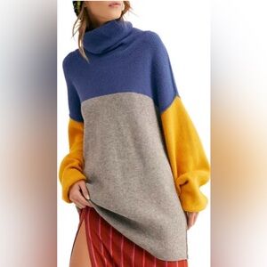 Free People Softly Structured Blue Gold Gray ColorBlock Turtleneck Sweater Sz XS